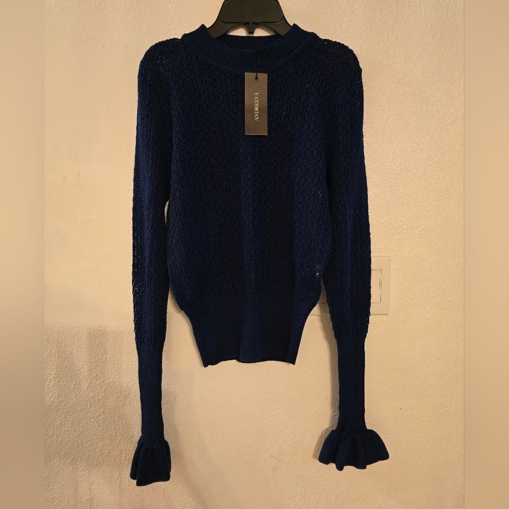 NWT Andreeva Wool Blend Knit Swater Ruffle Sleeves In Blue Size 6